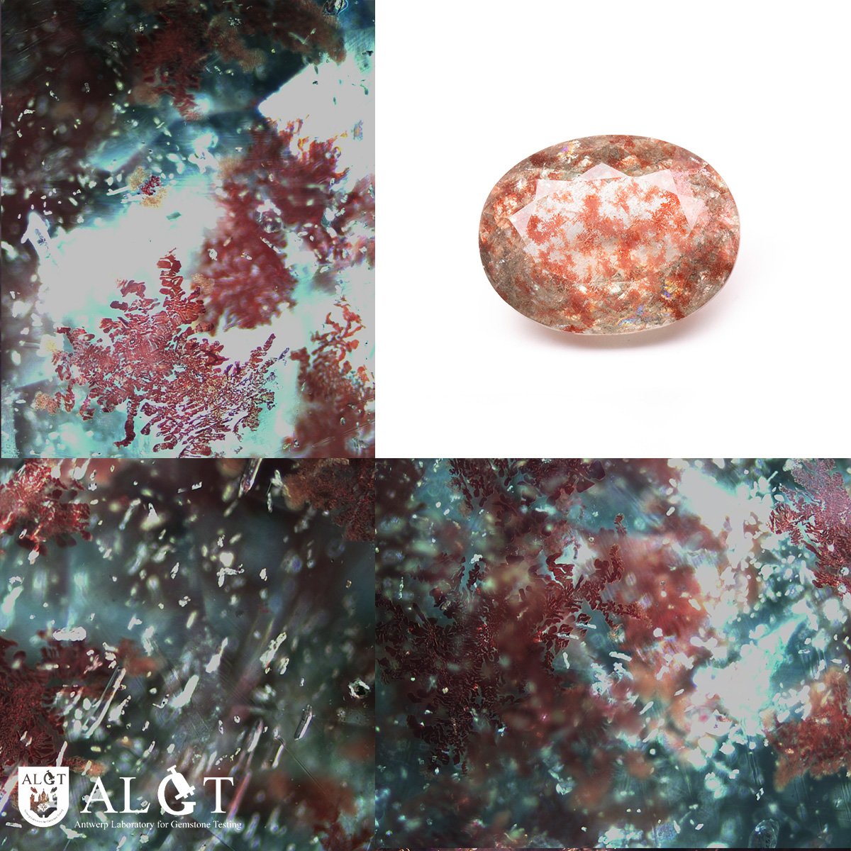 A beautiful extensive skeletal form of ultra-fine red-translucent haematite is intertwined in a light aquamarine.