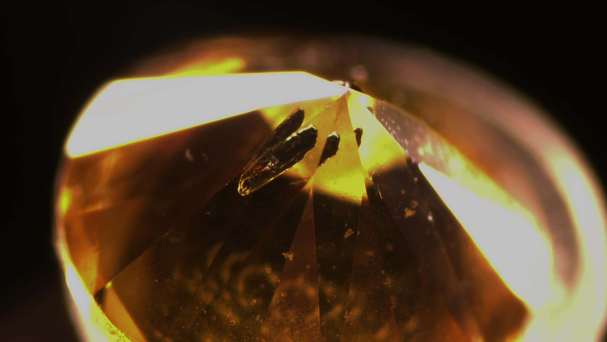 There are typical inclusions in this yellow HPHT-grown diamond.
