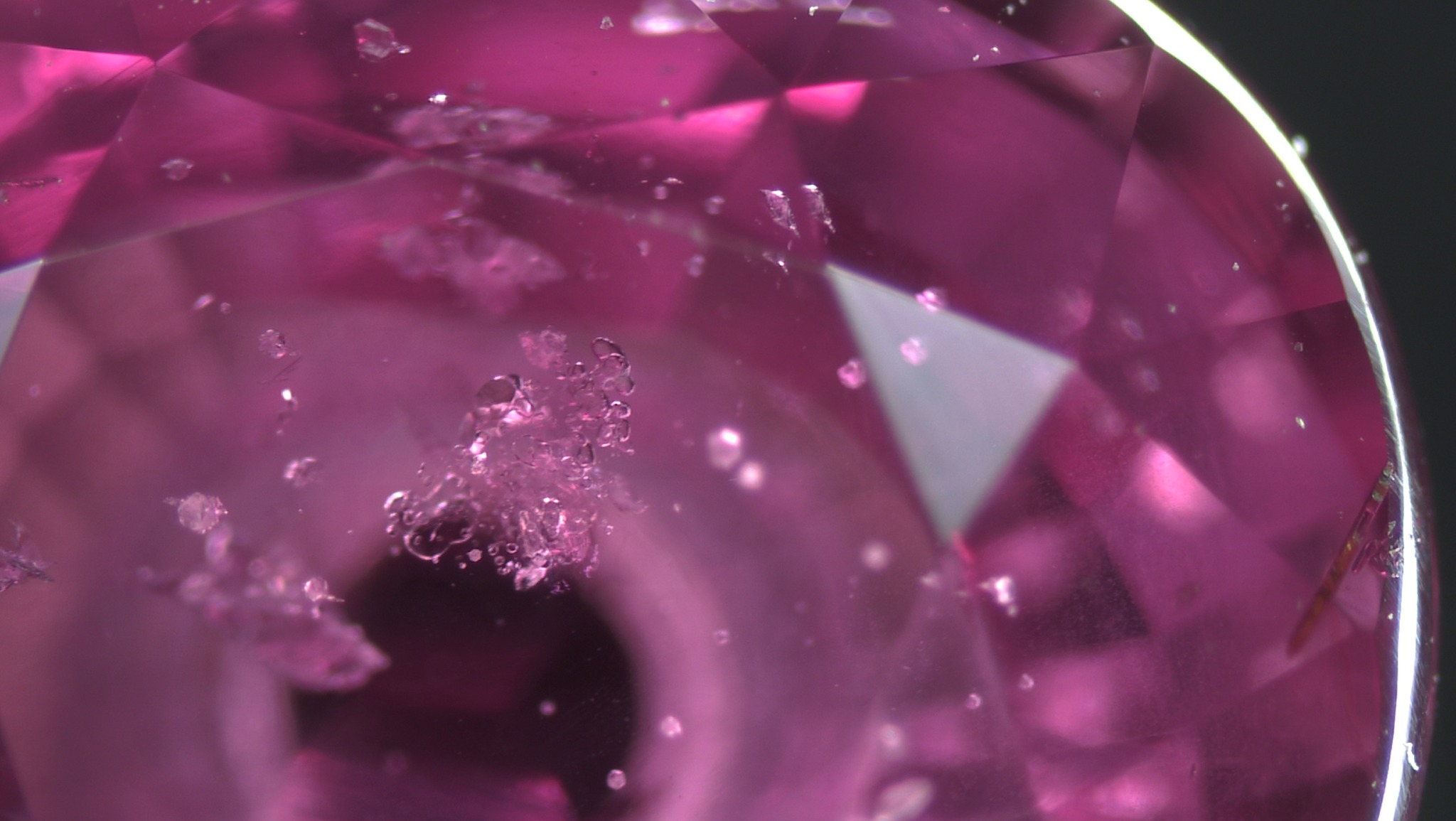 A group of small zircon crystals in an unheated purplish pink sapphire from Madagascar.